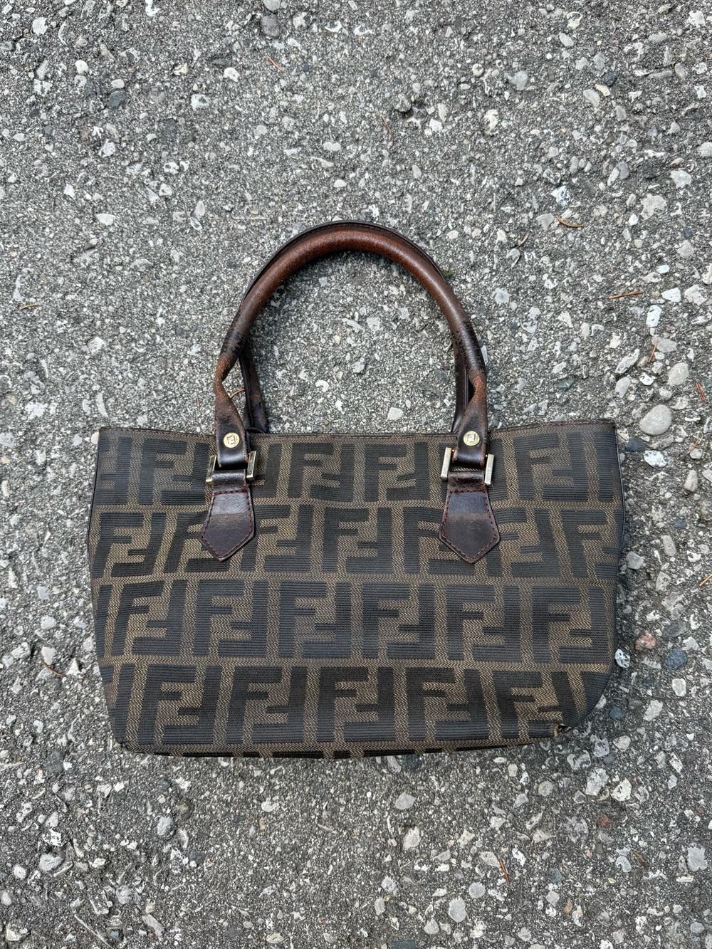 Vintage Fendi Brown FF Logo Canvas Handbag - Brown Leather Handles